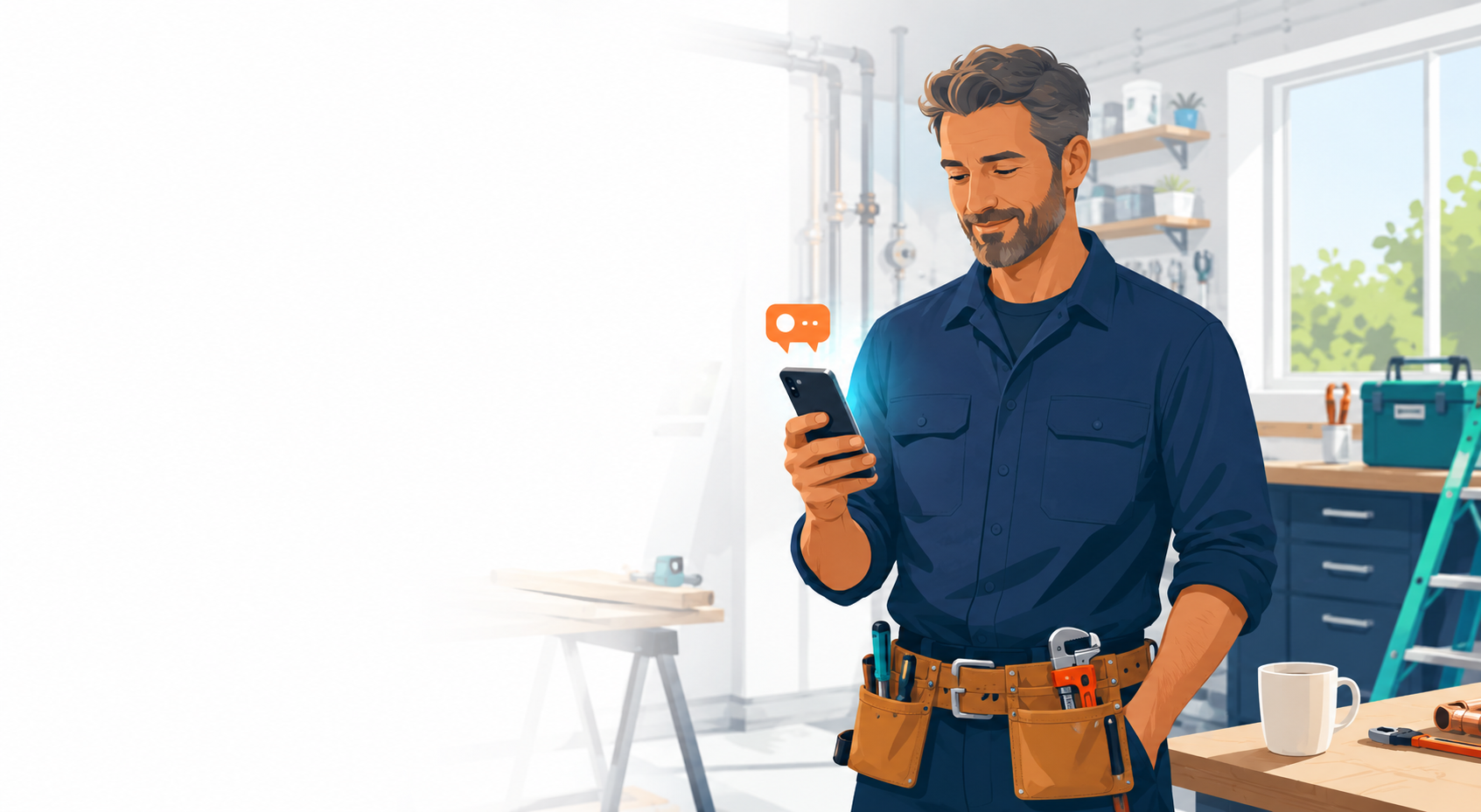 A tradesperson glances at a text notification on their phone while working in a shop