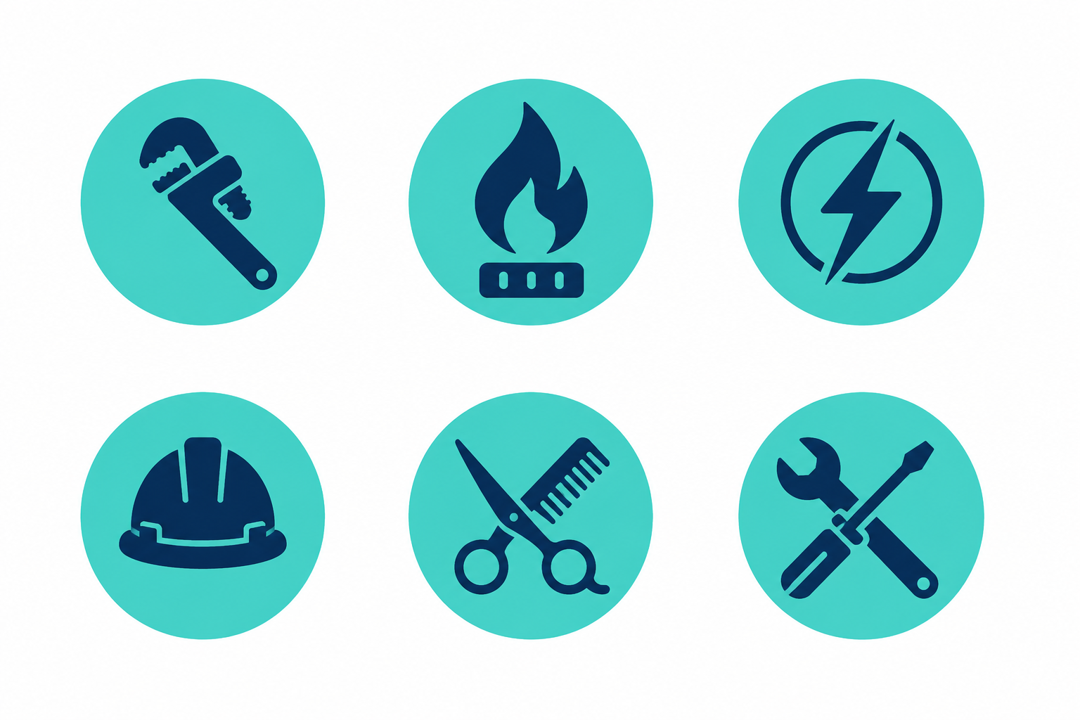 Icons for plumbing, HVAC, electrical, contracting, salons, and general repair